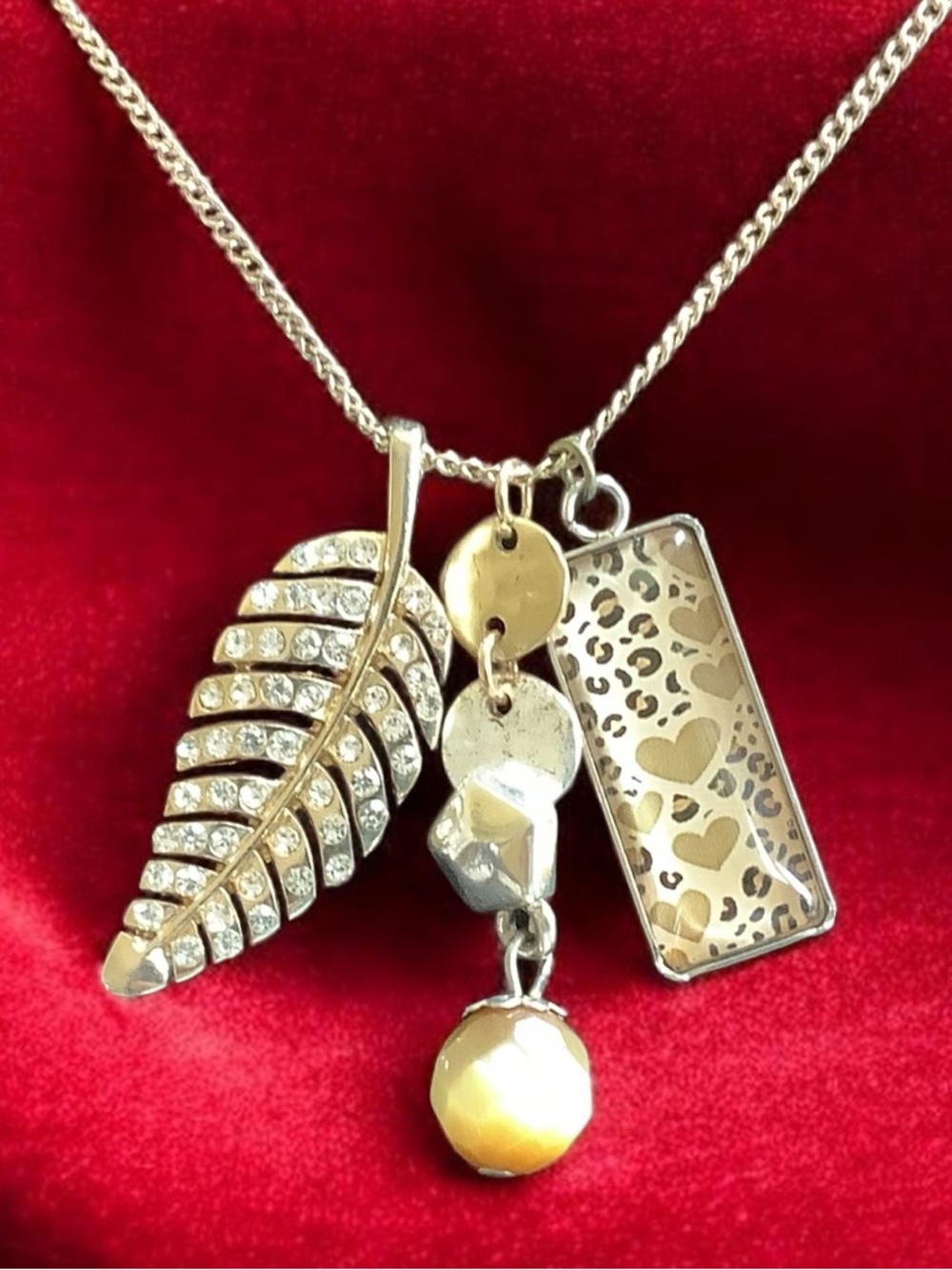 Gold and Silver Sparkling Leaf & Leopard print glass Stone Charm  Necklace